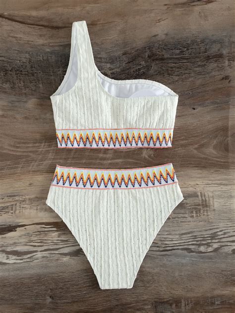 Chevron Tape One Shoulder Bikini Set Shein Usa