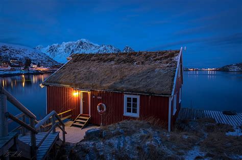 Brown Wooden Shed Winter Snow Mountains Night Lights Bay Norway