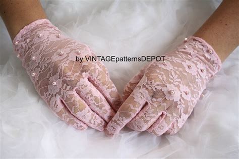 Women S Pink Lace Gloves With Pearls Light Pink Bridal Etsy