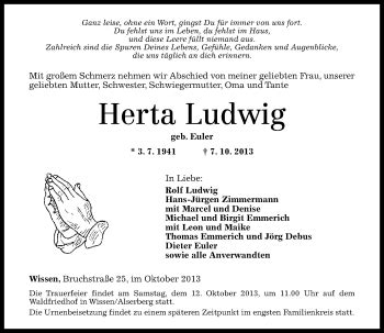 Traueranzeigen Von Herta Ludwig Rz Trauer De