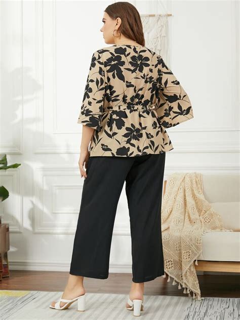 Shein Lune Plus Floral Print Belted Top And Wide Leg Pants Shein Usa