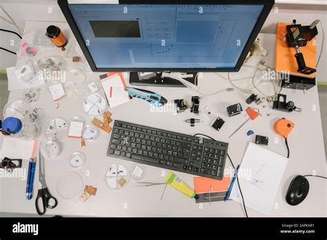 Messy Desk Of Scientist In A Laboratory Stock Photo Alamy