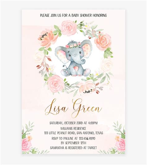 Download Pink Ink Floral Elephant Baby Shower Invitation Printable ...