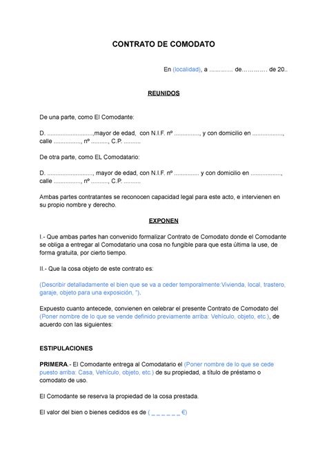 Contrato De Comodato CONTRATO DE COMODATO En Localidad A