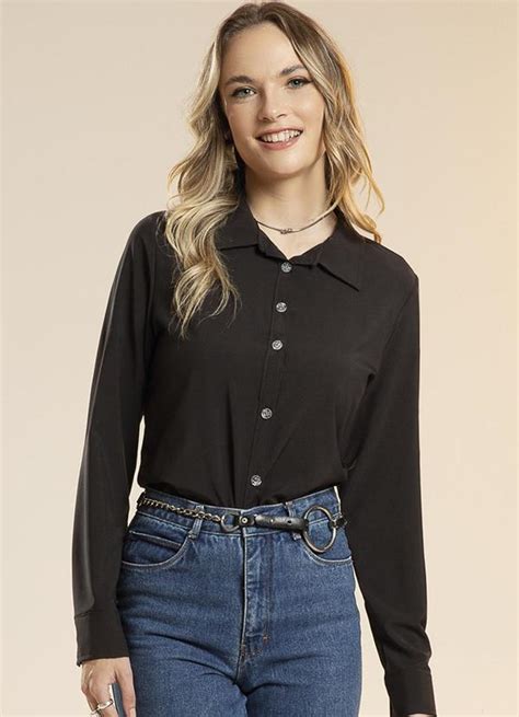 Camisa Feminina De Botão Com Manga Longa Preto Habana