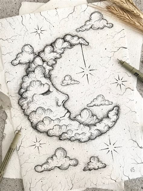 Cloudy Moon Original Drawing on Handmade Paper/ Moon Art/ | Etsy