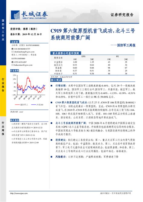 国防军工周报：c919第六架原型机首飞成功，北斗三号系统商用前景广阔