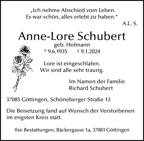 Traueranzeigen Von Anne Lore Schubert Trauer Anzeigen De