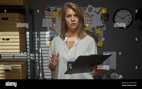 Blonde Woman Detective With Clipboard In A Police Station Office
