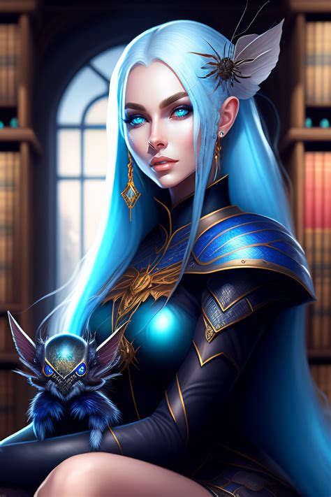 Lexica A Dark Elf Girl With Pale Blue Eyes Sitting In A Library And