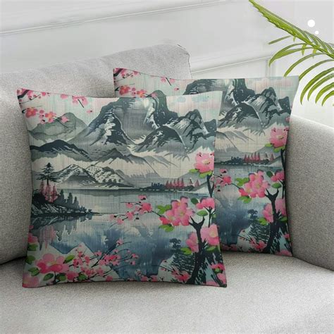 Nawypu Japanese Watercolor Spring Pillow Case Mount Fuji With Cherry