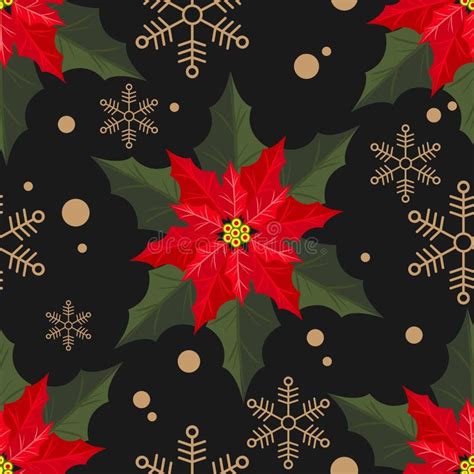 Poinsettia Christmas Flowers And Snowflakes Seamless Pattern Stock