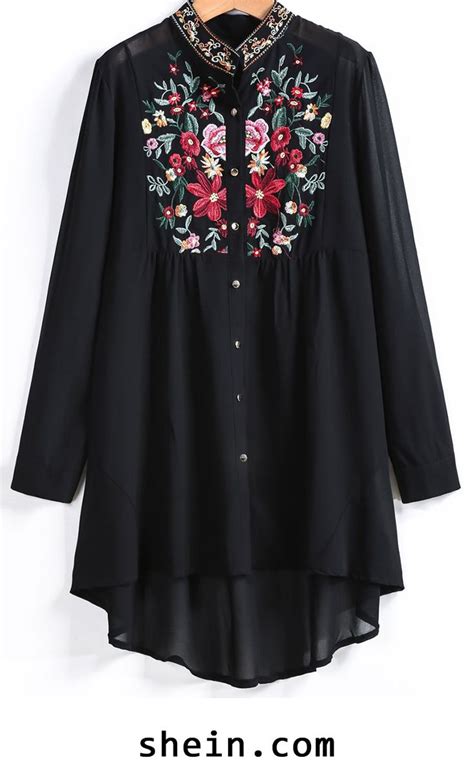 Black Long Sleeve Embroidered Dipped Hem Blouse Ropa Bordada Ropa