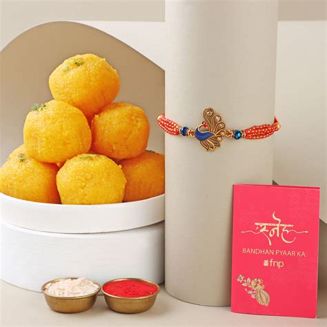 Online Sneh Peacock Designer Rakhi With Motichoor Laddoo Gift Delivery