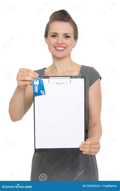 Female Realtor Holding Blank Clipboard And Keys Stock Image Image Of