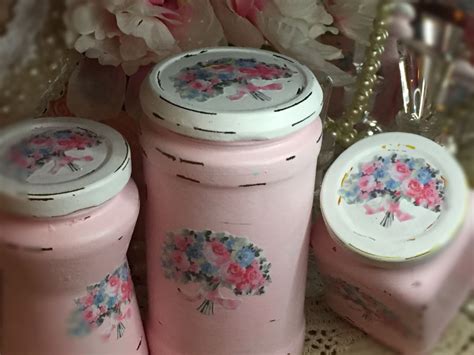 3 Shabby Chic Pink Vintage Glass Jars Canisters Decoupage Flower Floral Bouquet Storage Painted