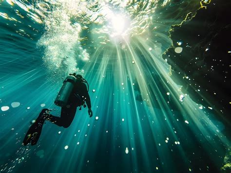 Un Buzo Explorando Bajo El Agua Con Rayos De Luz Solar Iluminando Las