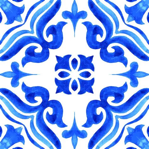 Azulejos Azulejo portugués patrón de acuarela azul Ornamento