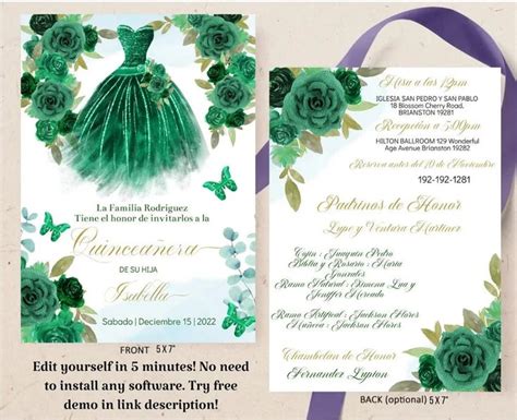 Editable Quinceañera Invitation Emerald Green Floral Template Princess