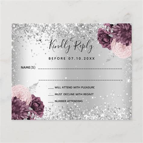 Silver Burgundy Florals Glitter Wedding Rsvp Card Zazzle