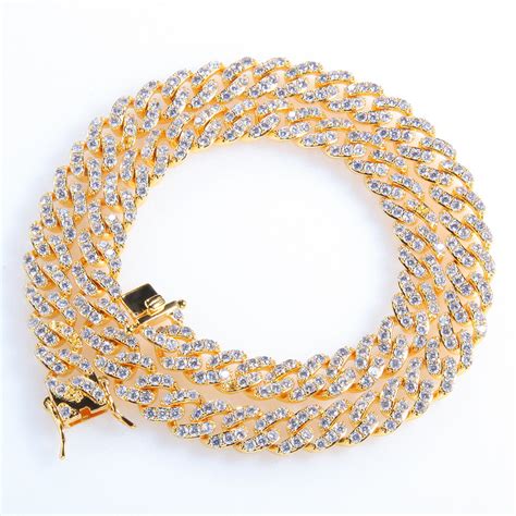 8mm Cuban Link Necklace Chain Fully Iced Yellow Gold Bijouterie Gonin