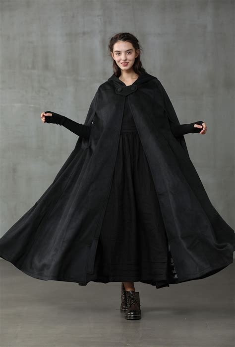 Linennaive Cloak Black Hooded Wool Coat Cloak Maxi Hooded Etsy