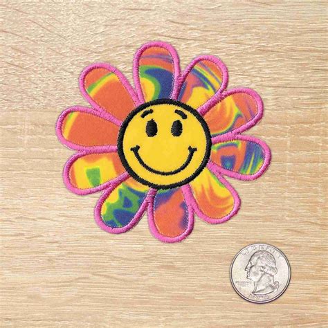 Happy Face Rainbow Daisy Embroidered Flower Patch Applique