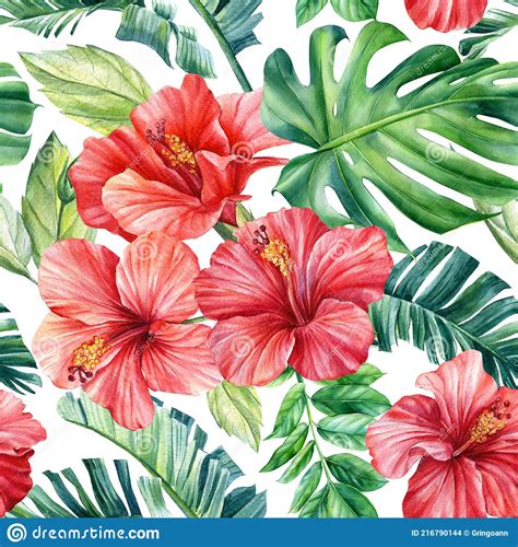 Tropical Palm Leaves Hibiscus Flowers On An Isolated Background Watercolor Illustration