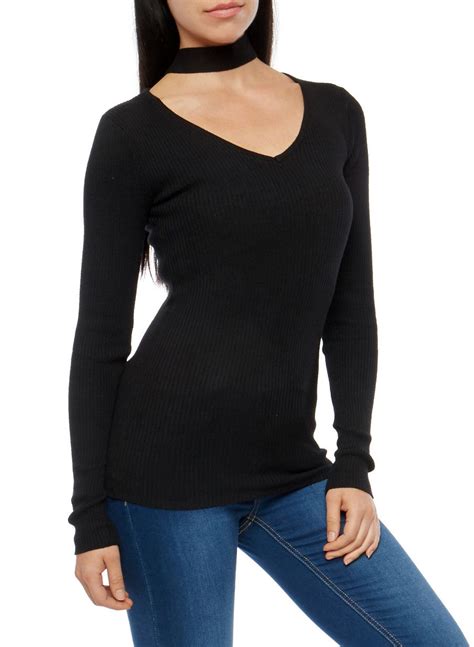 Rib Knit Choker Neck Sweater Black Choker Neck Sweater Womens Tops