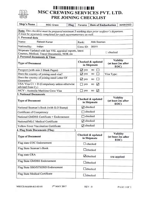 Pre Joining Requirements And Checklist For Able Seaman Rakesh Kumar Joining The M V Msc Grace