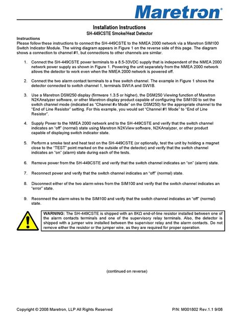 MARETRON SMOKE HEAT DETECTOR SH 449CSTE INSTALLATION INSTRUCTIONS Pdf