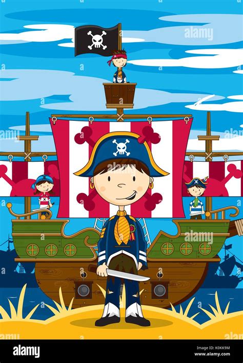 Cartoon Pirate Captain Und Piraten Schiff Vector Illustration Stock