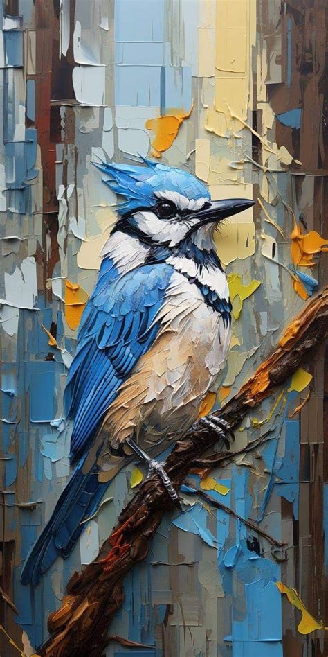 A Painting Of A Blue And White Bird Perched On A Branch