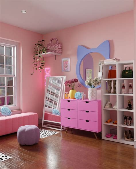 A Room With Pink Furniture And Accessories In It