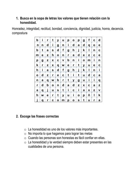 La Honestidad Interactive Worksheet Honestidad Sopa De Letras Honradez