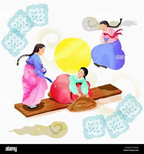 Three women in hanboks enjoying traditional Korean folk play, Neolttwigi Stock Photo - Alamy