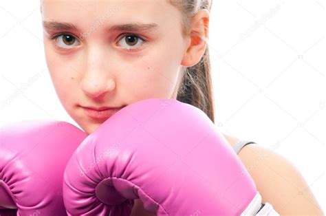 Portrait of pretty kick boxing girl with pink gloves Stock Photo by ...