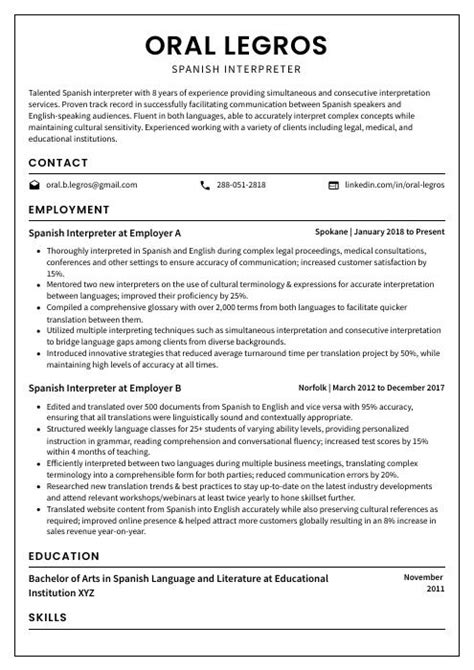 Spanish Interpreter Resume CV Example And Writing Guide