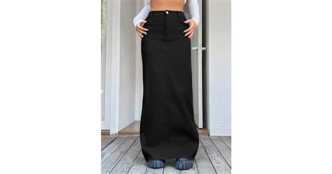 Fusta Maxi Din Denim Cu Talie Inalta Si Buzunare Negru Dama Shein