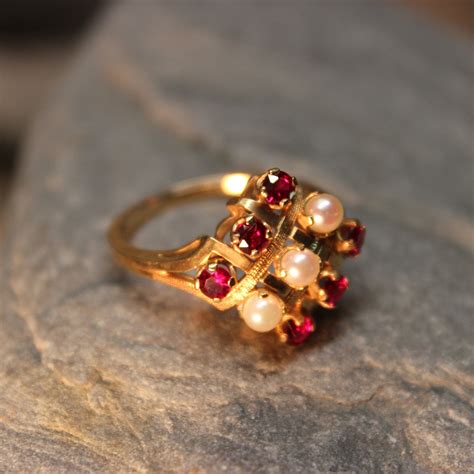 1960s Vintage Ruby Pearl Ring Solid 10k Gold Large Ruby Ring 34 Grams