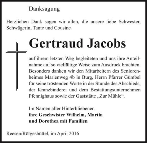 Traueranzeigen Von Gertraud Jacobs Abschied Nehmen De