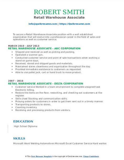 Retail Warehouse Associate Resume Samples QwikResume