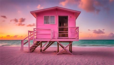 A Pink Beach House With A Pink Door Is On The Beach Premium Ai