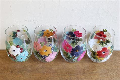 Stemless Wine Glasses Hand Painted Mixed Bouquet Etsy