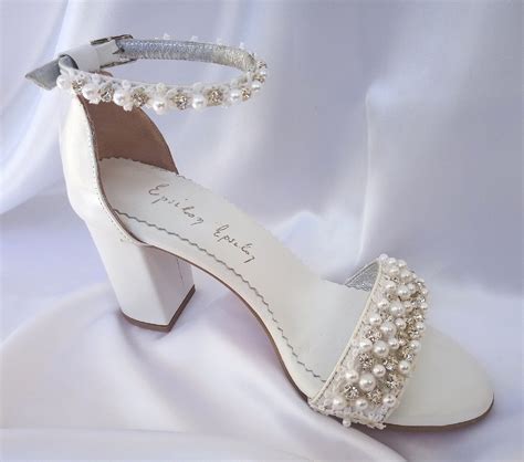 Wedding Shoes for Bride Pearl and Lace Block Heels