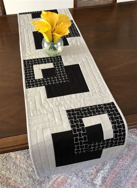 Modern Quilted Table Runner 14x59 Black White And Grey Wallhanging