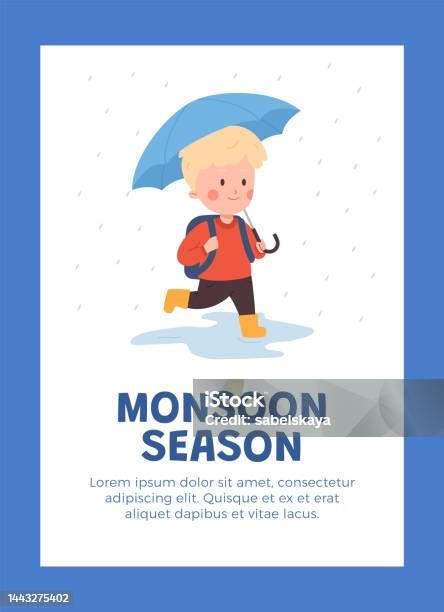 Spanduk Musim Hujan Atau Template Kartu Dengan Ilustrasi Vektor Datar