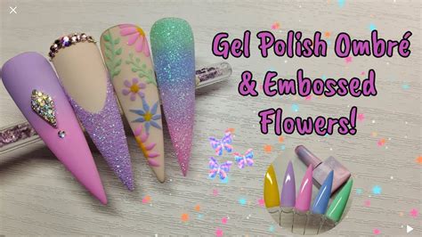 Easy OmbrÉ And Gel Polish Embossed Flowers Glow Tips Youtube