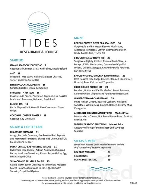 Tides Restaurant And Lounge Menu In Panama City Beach Florida Usa