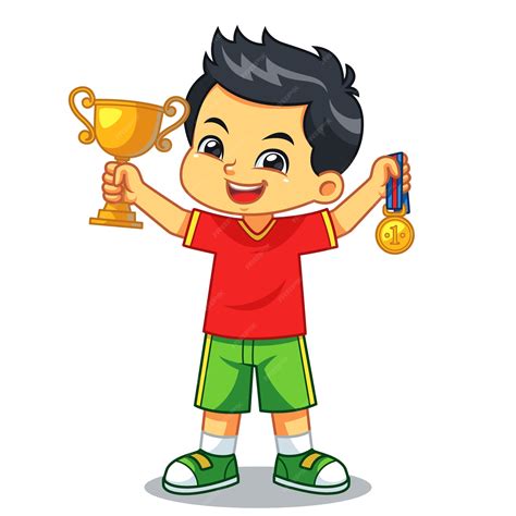 Boy win the contest gana el trofeo y la medalla. | Vector Premium